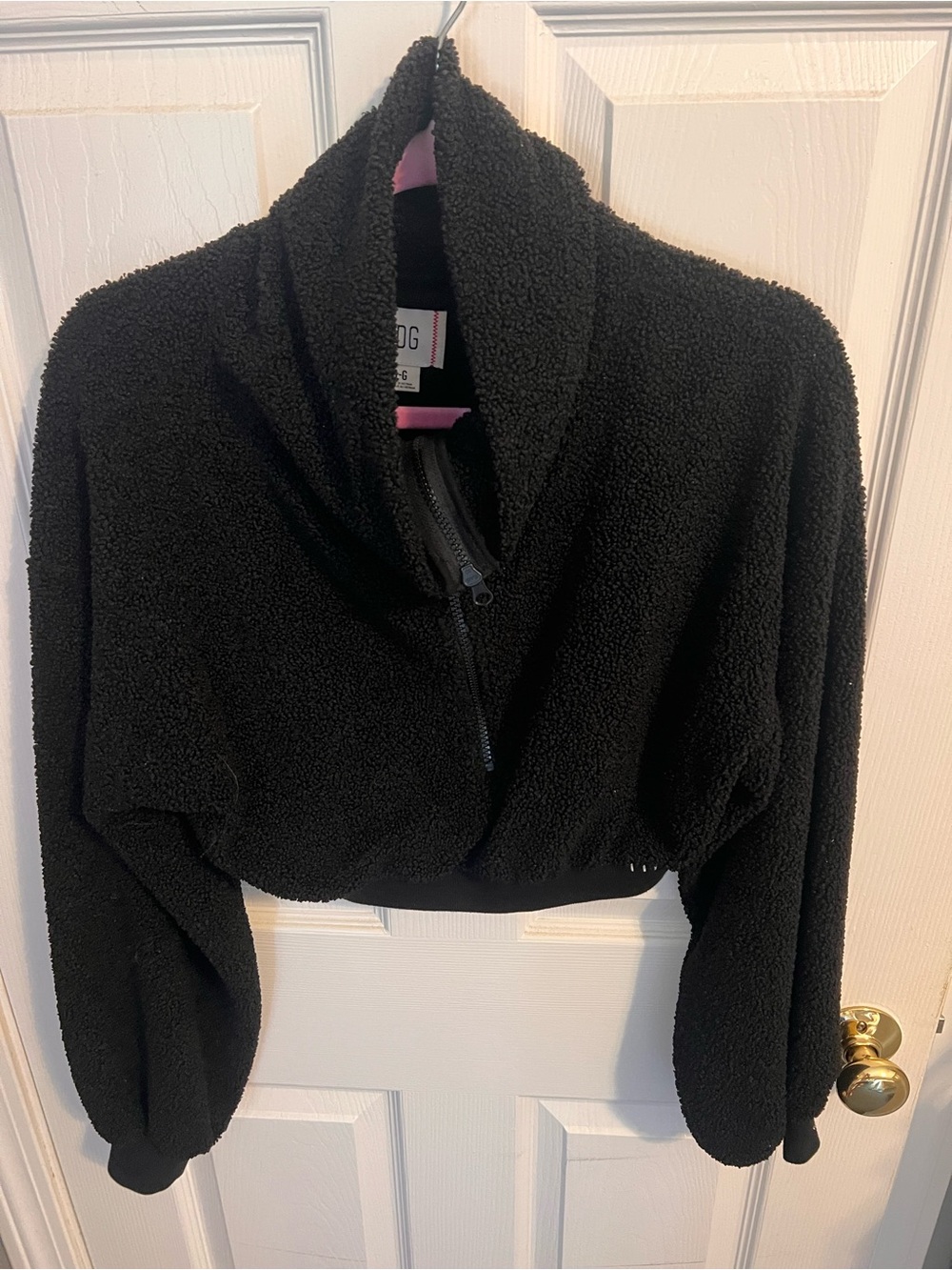 BDG Black Cropped Sherpa Zip-Up Pullover